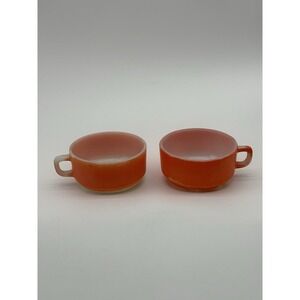 Vintage Anchor Hocking‎ 303 Orange Oven Proof Soup Bowl Mugs D Handle Set Of 2